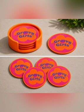 Groovy Girls Inspired Coaster Set with Holder Retro Drink Coasters Set of 4